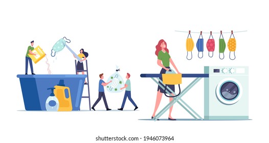 Reusable Masks Care and Recycling Concept. Tiny Male and Female Characters Washing, Ironing and Drying Masks for Reuse, Throw Garbage. Covid Infection Prevention. Cartoon People Vector Illustration