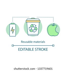 Reusable materials concept icon. Waste recycling idea thin line illustration. Plastic, paper, battery, organic food reuse. Utilization. Trash sorting. Vector isolated outline drawing. Editable stroke