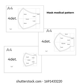 Reusable medical mask template against influenza viruses. Instructions for printing A4 format. DIY sewing pattern. The size is large, medium and children. Vector illustration.