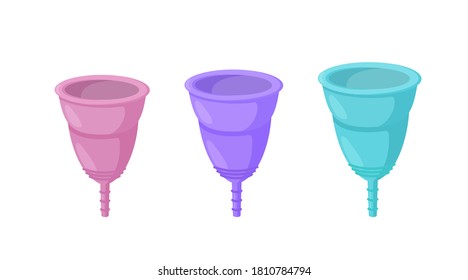 Tazas menstruales reutilizables de tamaños y colores diferentes. Artículos sanitarios para mujeres que tienden a reutilizar y a no desperdiciar. Ilustración vectorial aislada en estilo de dibujos animados