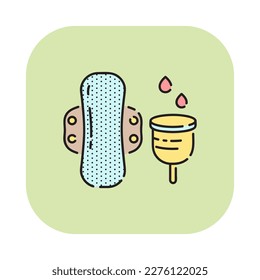 Reusable menstruation cup and sanitary pad icon. Period hygiene items.