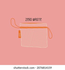 Reusable mesh bag for fruits and vegetables. No plastic and zero waste concept. Vector isolated doodle illustration. Eco-friendly shopping bag.