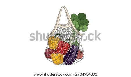 A reusable mesh grocery bag filled with fresh and colorful vegetables promoting a zero waste and sustainable healthy lifestyle concept.
