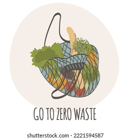 Reusable mesh shopping bag with vegetables. Go to zero waste. Eco lifestyle. No plastic. Vector illustration.