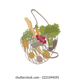 Reusable mesh shopping bag with vegetables. Go to zero waste. Eco lifestyle. No plastic. Vector illustration.