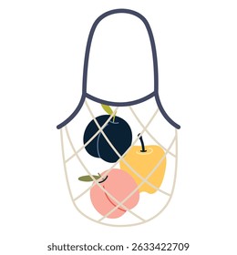 Reusable mesh, string bag with colorful summer fruits like plum, apple, and peach. Trendy modern vector illustration isolated on white background, hand drawn, flat design