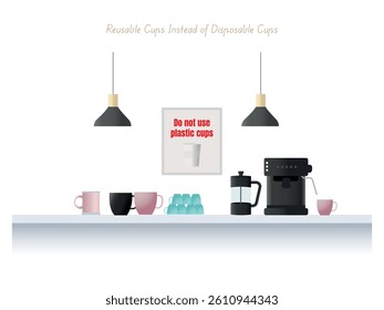 Reusable mugs and cups promoting eco-conscious practices in a workplace setting, fostering environmental responsibility