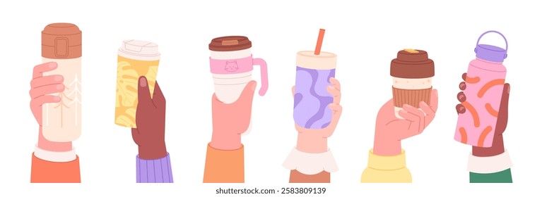 Reusable mugs in hands. Human holding thermo cups for takeaway drinks, hot beverages, coffee and tea. Zero waste lifestyle, smart life racy vector banner