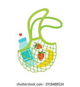 Reusable net bag with groceries. Eco-friendly shopping tote bag. Zero waste concept. Hand drawn vector illustration.