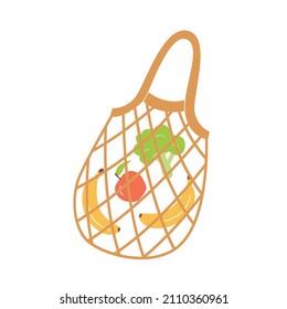 Reusable net shopping bag with fruits and vegetables. Zero waste string bag isolated on white background. Trendy vector illustration in flat cartoon style