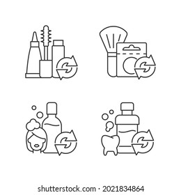 Opciones reutilizables ajuste de iconos lineales. Repuesto de mascara. Blush en un paquete ecológico. Lavado de boca. Símbolos de contorno de línea delgada personalizables. Ilustraciones aisladas del contorno vectorial. Trazo editable