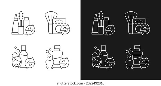 Reusable options linear icons set for dark and light mode. Mascara refill. Shampoo for hair care. Mouth wash. Customizable thin line symbols. Isolated vector outline illustrations. Editable stroke