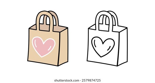 Reusable paper bag doodle flat  and outline illustration with heart symbol

