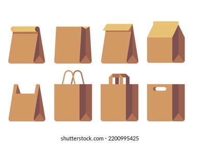 Reusable paper bags icon set. Different set of eco friendly paper reusable bags. Ecologic packing. Various models and shapes. Vector.