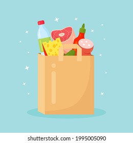 Reusable paper eco bags full of grocery products, healthy food. No plastic bag, use your own eco friendly package. Recycled Recyclable Biodegradable Sustainable Packaging. Vector illustration