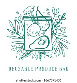 Verwertbare Produktionstasche für den Nullabfall-Einkauf. Mit Obst, Gemüse und Pflanzen. Vektorillustration-Skizze in Handschrift
