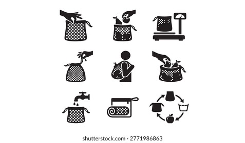 Reusable produce net bags usage icons with reusable sustainable shopping