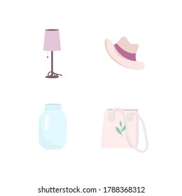 Reusable products flat color vector objects set. Eco bag. Glass jar for preserving. Beach hat. Table lamp. Zero waste isolated cartoon illustration for web graphic design and animation collection