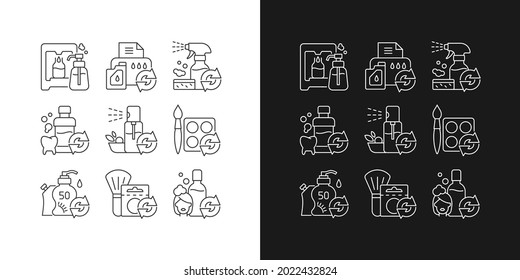 Productos reutilizables iconos lineales establecidos para el modo oscuro y claro. Productos reutilizables para reducir la huella de carbono. Símbolos de línea delgada personalizables. Ilustraciones aisladas del contorno vectorial. Trazo editable