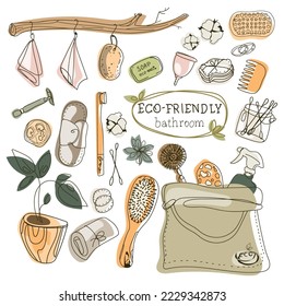 Reusable products. Zero waste durable items bathroom and hygiene set doodle drawing,vector illustration.Items collection made of bamboo, metal and other environmental materials Eco friendly concept