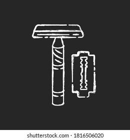Reusable razor chalk white icon on black background. Responsible consumption, zero waste. Personal hygiene accessory, shaving razor with replaceable blade isolated vector chalkboard illustration