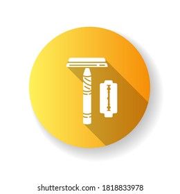 Reusable razor yellow flat design long shadow glyph icon. Responsible consumption, zero waste. Personal hygiene accessory, shaving razor with replaceable blade silhouette RGB color illustration