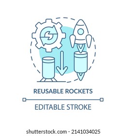 Icono de concepto turquesa de cohetes reutilizables. Mejora de naves espaciales. Ilustración de línea delgada de idea abstracta de tecnología espacial. Dibujo de contorno aislado. Trazo editable. Fuentes Arial, Myriad Pro-Bold utilizadas