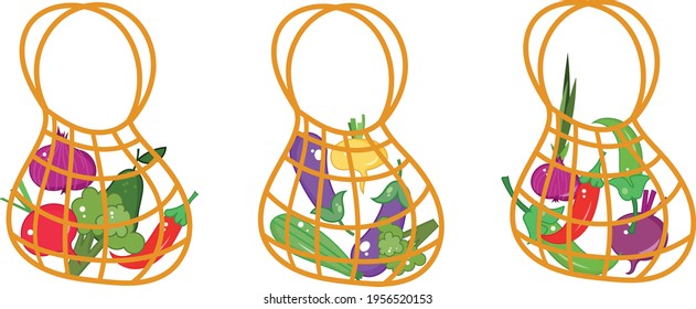Reusable set of shopping mesh bags with vegetables, peppers, avocado, zucchini, radish, turnip, broccoli. Ideal for logo, design elements, ecology protection.