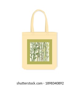Reusable shopping bag with bamboo forest print. Decorative art element on a canvas bag in an eco-friendly style. Vector illustration isolated on a white background.