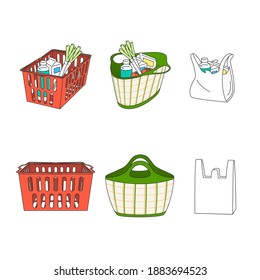 Reusable shopping bag, Shopping basket, Plastic bag. Bag icons used for shopping.