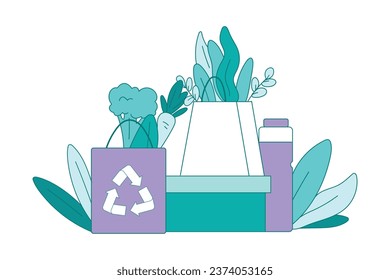 Reusable Shopping Bag and Bottle with Growing Plants as Eco Friendly Vector Illustration