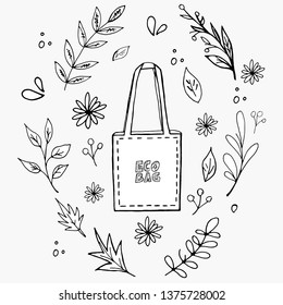 Wiederverwendbare Einkaufstasche mit floralem Muster.Freundlicher zum Öko-Shopper mit dem Buchstaben "Eco-Tasche".  Vektorillustration im Doodle-Stil. Handgezeichnetes Design-Element für Karten, Flyer, Broschüren, Poster