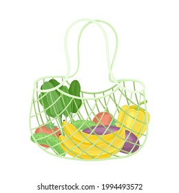 Reusable Shopping Bag Full Of Grocery Products As Eco Purchase Vector Illustration