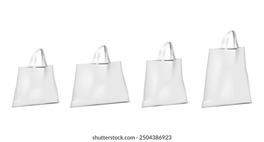 Bolsa de compras reutilizable con asas. Conjunto de maqueta 3D. Bolsa de compras blanca. Maqueta realista de Vector aislado. Comprador de telas. Plantilla para el diseño