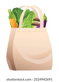 Bolsa de compras reutilizable con lechuga, champiñones, berenjena y zanahoria. Vector ilustración de dibujos animados