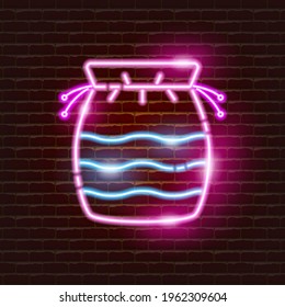 Reusable shopping bag neon icon. Eco friendly style. Zero waste concept.