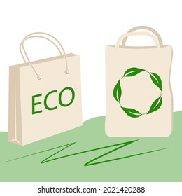 Reusable shopping bag. Paper bag and Cotton bag, eco-friendly fabric. Eco-friendly tote bag. Say no to plastic.