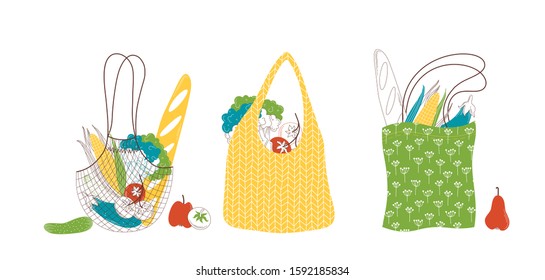 Reusable shopping bags with purchases flat vector illustrations set. Handbags with vegetarian food color collection. Organic nutrition, fresh greens in eco friendly packs isolated on white background