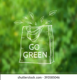 Reusable shopping  eco bag on a green blurred background. Vector illustration.