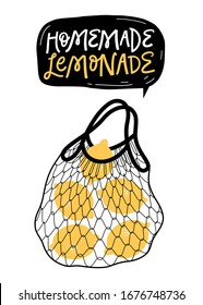 Reusable shopping mesh bag with lemons. Homemade lemonade. 