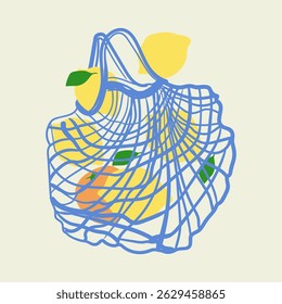 Reusable shopping mesh bag with organic lemons. Vector illustration in flat doodles style.