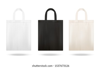Reusable shopping tote bag mockup set with different fabric colors - white, black and beige bags with blank copy space isolated on white background - vector illustration.