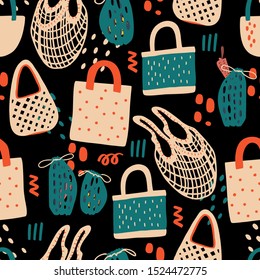 Reusable shoppping bags seamless pattern. Hand drawn element of zero waste life in vector. Eco style. No Plastic and Go Green concept background.
