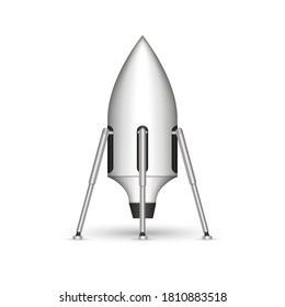 Reusable space rocket on legs futuristic concept mockup, shuttle realistic 3d vector model isolated on white background, launch or landing rocketship