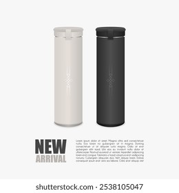 Reusable stainless steel beverage container set. Vector mock-up. Realistic mock-up