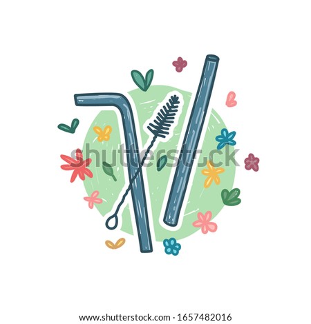 Reusable stainless steel straw icon in cartoon doodle style. Zero waste life concept. Hand drawn design with nature organic flower decoration. No plastic style. Vector.
