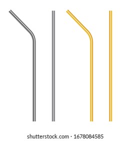 Reusable steel, metal straws set. Realistic vector illustration.