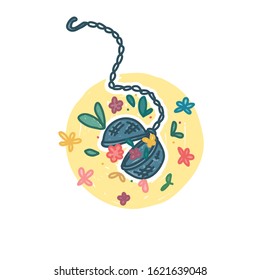Reusable steel tea strainer icon in cartoon doodle style. Zero waste life concept. Hand drawn design with nature organic flower decoration. No plastic style. Vector.
