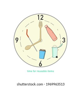 Reusable straw, spoon, fork, cup, bottle on surface of clock as a gimmick of time for reusable items. Helping to reduce plastic waste in a routine. Vector illustration outline flat design style.