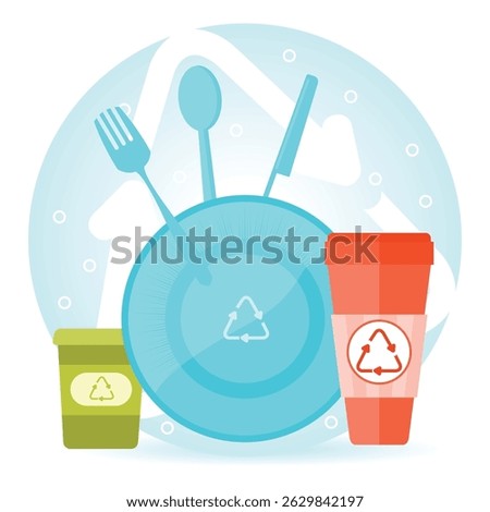 Reusable tableware and drink containers promoting sustainability, featuring recycling icons. Waste Reduction Concept.